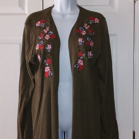 New Directions olive green floral embroidered open front cardigan  Sz XL - Picture 3 of 6